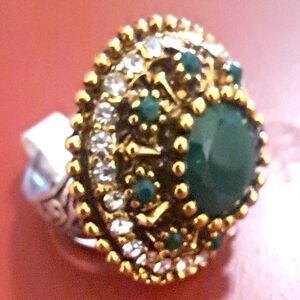 Large Gold Ring, with Green Stones, and Rhinestones